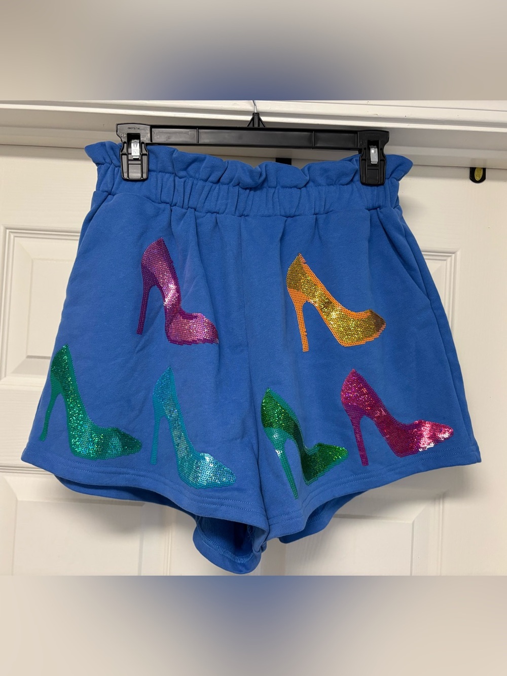 Queen of Sparkles QOS Blue Sequin High-Heel Stiletto Women's Shorts Small NWOT